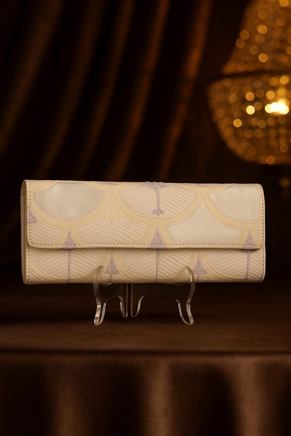 Beautiful white - purple evening clutch bag handcrafted from Vintage Japanese Obi
