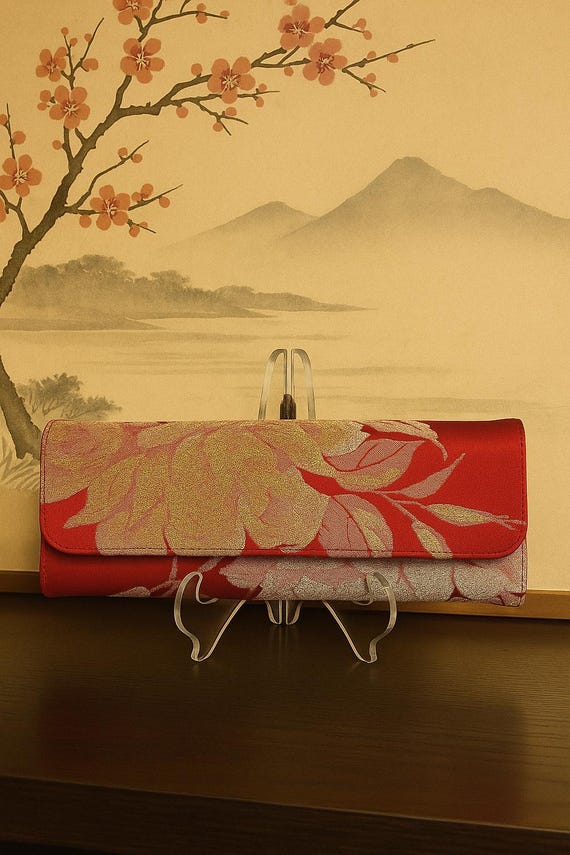 Timeless Glamour: Handcrafted Red Evening Bag with Japanese Kimono Belt, Kimono wedding clutch bag