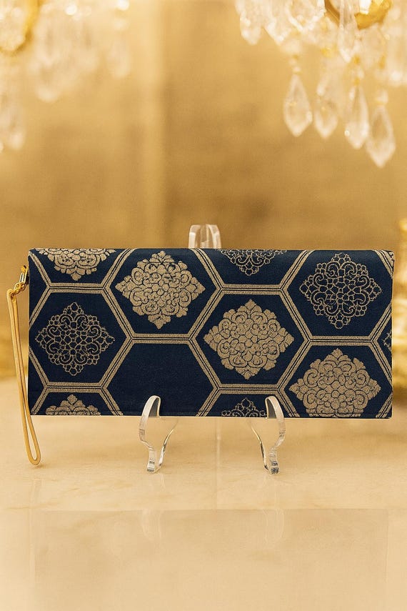 Kimono Clutch Navy Gold – Obi Silk Purse with Kikkou & Karakusa – Handmade Japanese Evening Bag – Wedding – Eco Gift – Annina Designs