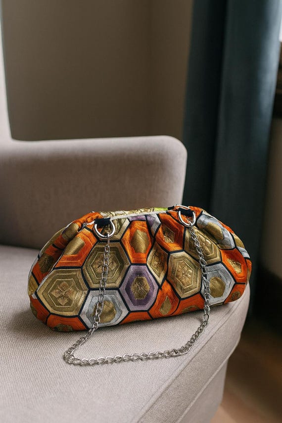 Japanese Silk Obi Clutch bag, Kimono clutch Purse with metal clasp, Silk evening kiss loog bag, evening handbag handmade