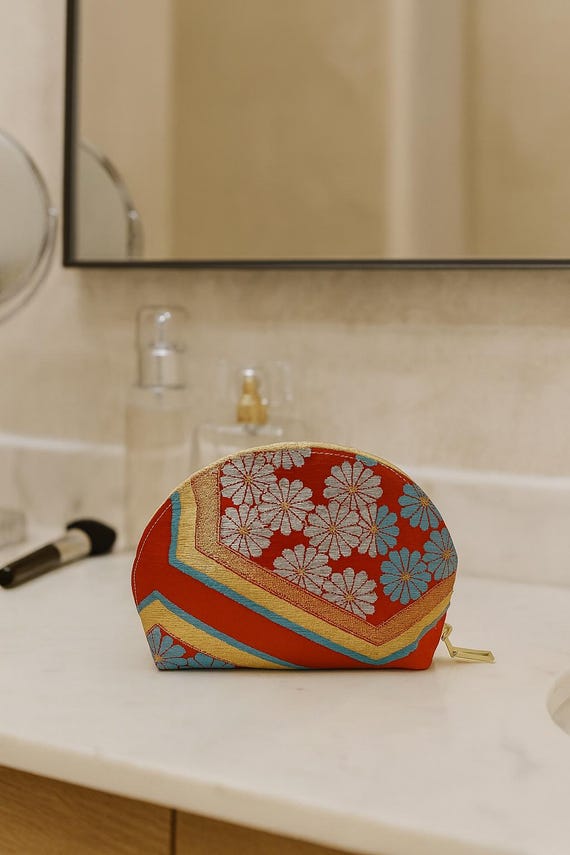 Elegance Redefined: Handcrafted Vintage Fukuro Obi Cosmetic Pouch with Chrysanthemum Pattern, Japanese Kimono clutch bag