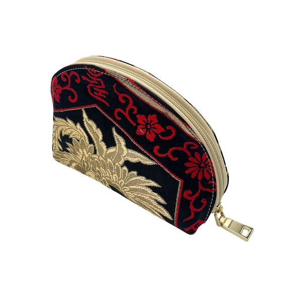 FUSHICHOU: Phoenix-Inspired Beauty - Vintage Elegance in Black, Gold, and Red, Makeup Bags Floral, Obi Cosmetic Pouch, Japanese Kimono