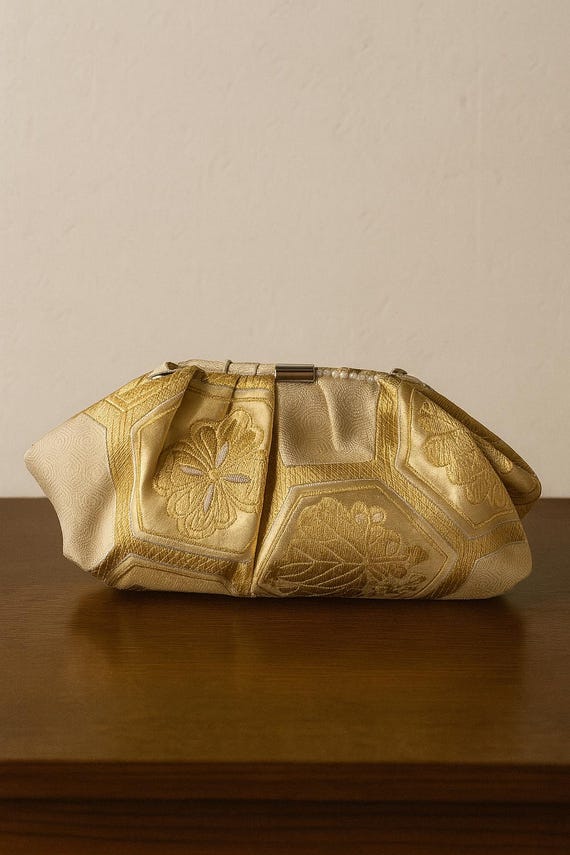 Luxurious Upcycled Dumpling Bag – Vintage Obi with Japanese Motifs