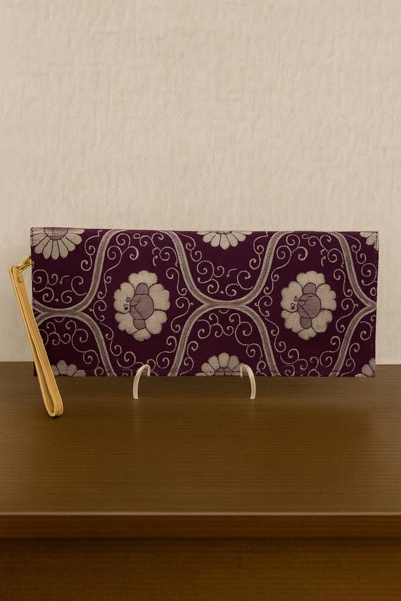 Purple Kimono Obi Clutch – Handmade Silk Purse with Kiku Chrysanthemum – Burgundy Evening Bag – Vintage Japanese Fabric – Annina Designs