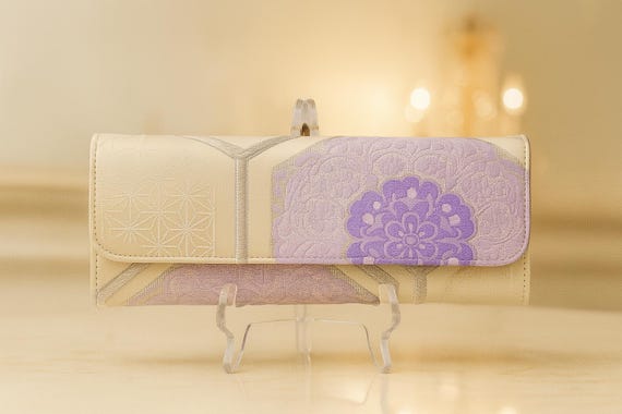 Handcrafted Evening Bag – Made from Vintage Japanese Kimono Belt, Violet, White & Silver, Elegant Design