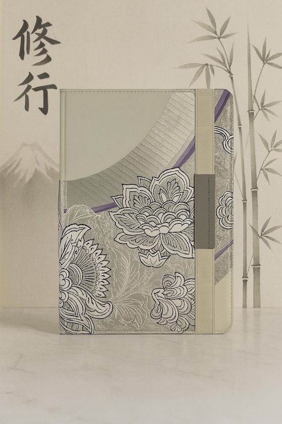 Japanese Tablet Cover – White, Silver & Purple | Karakusa Arabesque Flower Pattern | Handmade Obi Fabric Case | Fits Tablets 9”-12”