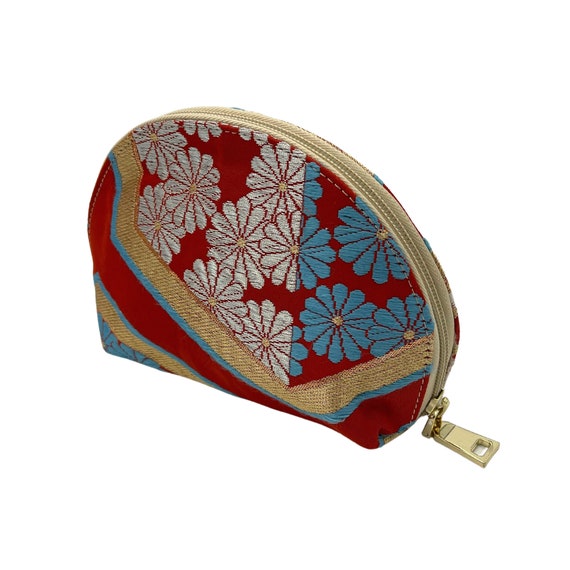 Elegance Redefined: Handcrafted Vintage Fukuro Obi Cosmetic Pouch with Chrysanthemum Pattern, Japanese Kimono clutch bag