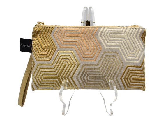 Handmade Mini Wristlet | Vintage Kimono Obi | Bishamon Hexagon | Beige, Silver, Green, Gold | Sustainable Fashion