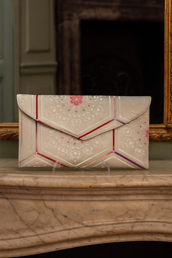 Handcrafted Vintage Japanese Fukuro Obi Envelope Clutch – Stunning Wedding Clutch with Arabesque Flowers and Kikkou Patterns