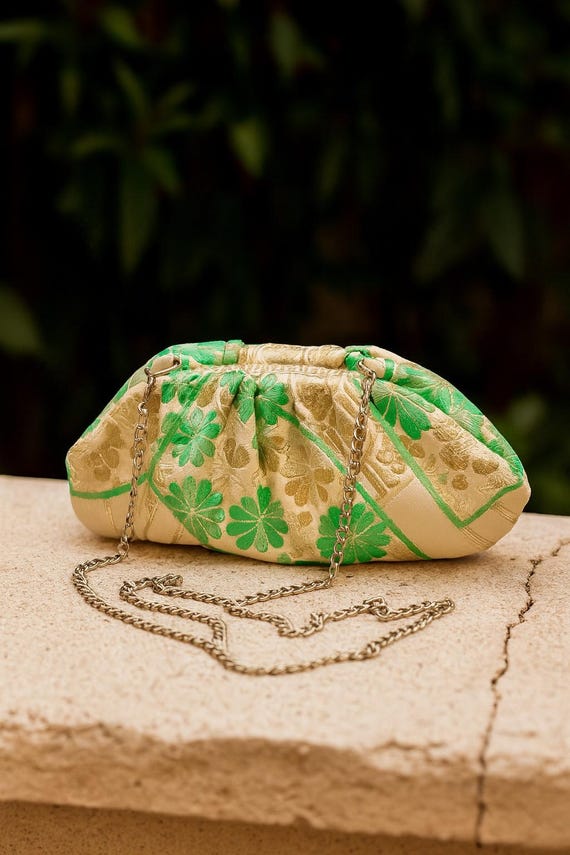 Vintage Obi Clutch, Kiku Patterned Japanese Bag, Party Wedding Festival Shoulder Bag, green evening clutch bag