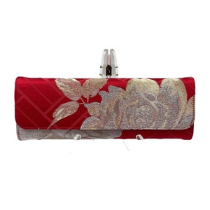 BOTAN & SAYAGATA Elegance: Handcrafted Vintage Kimono Evening Bag in Red, White, Silver, and Gold