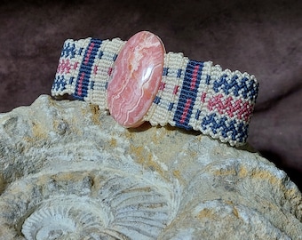 B283 Rodocrosite bracciale in macramè, regolabile, giello con pietra di cura en protezione, artigianato fatto in Italia etnische boho hippie