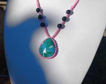 C169 Collana in macrame con pietre naturali crisocolla e ossidiana handmade necklace jewel gioiello cristallo olistico benessere boho hippie