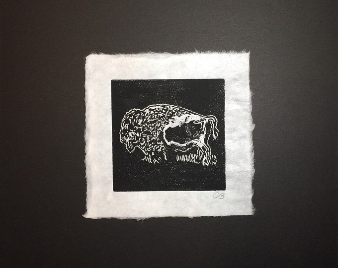 Colombo designed block print of a buffalo on handmade paper by Michael Colombo and Barbara Barkley