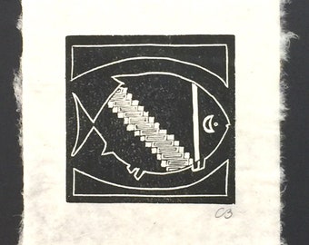 Mimbres block print of a "Fish with a stairstep pattern" on handmade paper by Michael Colombo and Barbara Barkley
