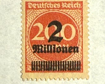 1923 German Weimar Republic Overprint Stamp~Featuring a black "2 Millionen" on 200 Mark~Hyperinflation Era Collectible~Free Shipping
