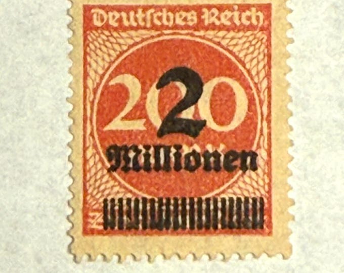 1923 German Weimar Republic Overprint Stamp~Featuring a black "2 Millionen" on 200 Mark~Hyperinflation Era Collectible~Free Shipping