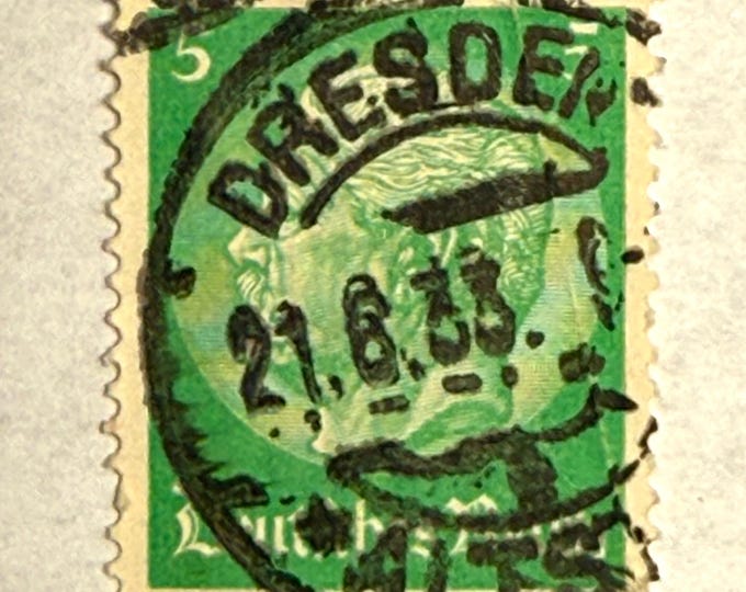 1933 Germany Stamp~5 Pfennig Hindenburg~Dresden Altstadt Postmark June 21 1933~Deutsches Reich~Green~Vintage~Philately Ephemera~Free Shippin