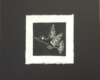 Mimbres block print of a "Hummingbird" on handmade paper by Michael Colombo and Barbara Barkley