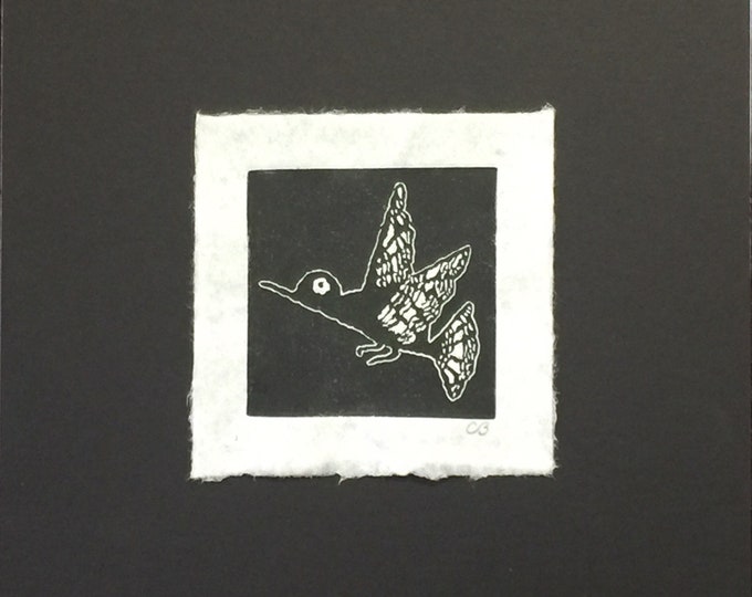 Mimbres block print of a "Hummingbird" on handmade paper by Michael Colombo and Barbara Barkley