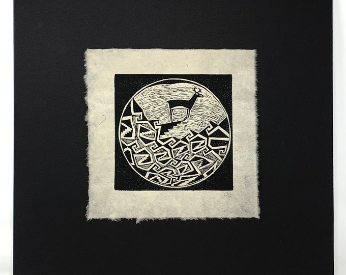 Mimbres block print of a "Pronghorn on a Cliff" on handmade paper by Michael Colombo and Barbara Barkley