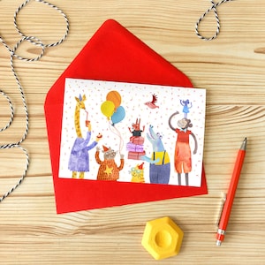 Tarjeta de felicitación de Party Animals A6 / Tarjeta de cumpleaños para niños sin plástico / Tarjeta infantil de carácter animal