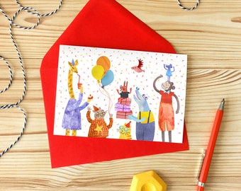Party Animals A6 Greetings Card / Plastic Free Kid's Birthday Card / Animal Character Children's Card