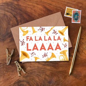 Fa La La La La Biglietto di auguri illustrato, biglietto di auguri per le feste con tromba senza plastica, biglietto stagionale festivo A6