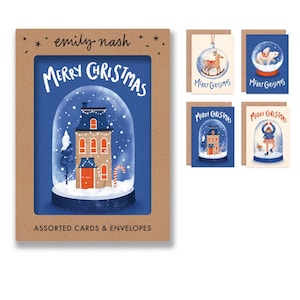 Confezione da 8 cartoline natalizie con globo di neve / confezione multipla di biglietti natalizi con decorazioni illustrate / renna, orso polare, pattinatrice sul ghiaccio e casa invernale
