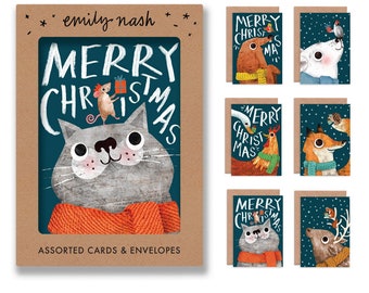 Lot de 6 cartes de vœux de Noël illustrées : chat, chien, ours polaire, renne, renard et poulet / Sans plastique