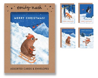 Pack of 8 Snow Animals Christmas Cards / Multipack of Illustrated Animal Holiday Cards / Bear, Rabbit, Fox, Penguin, Skiing, Sledging