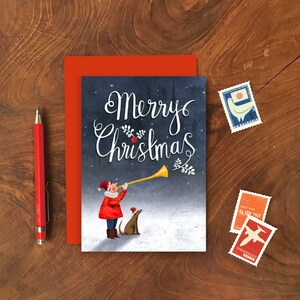 Trompet spelers kerstkaart, plasticvrije seizoensgebonden kalligrafie wenskaart, wintervakantiekaart, kerstsneeuwkaart