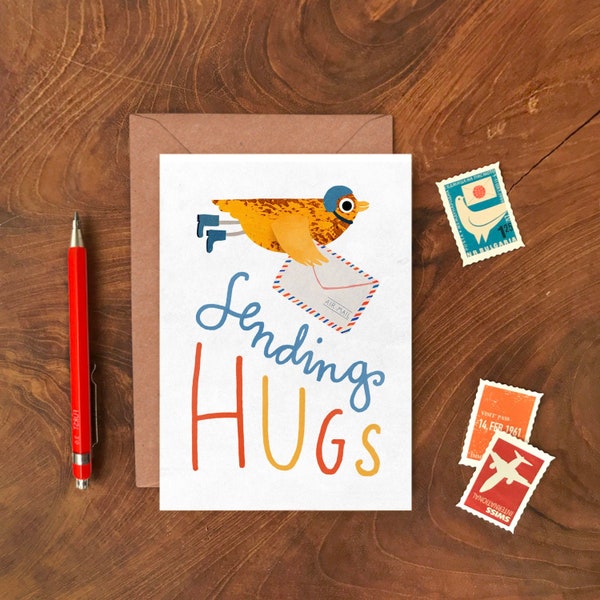 Sending Hugs Bird A6 Greeting Card / Thinking of You, Miss You, Love and  Friendship / Long Distance, Illustrated Animals Card