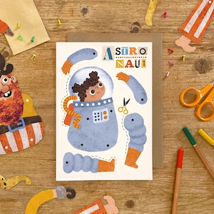 Astronaut Geburtstagskarte / Split Pin Puppe A5 Grußkarte / Kinder Cut Out Aktivität für Kinderparty Basteln / Lustige Karte zum Thema Weltraum