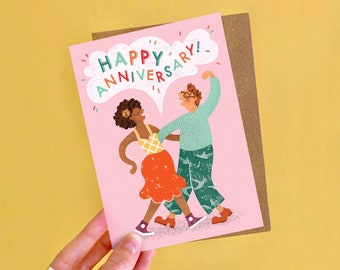 Happy Anniversary Dance Greetings Card / Plastic Free Illustrated Funny Dancer Card for him and her / Wedding Anniversary Card for Couples