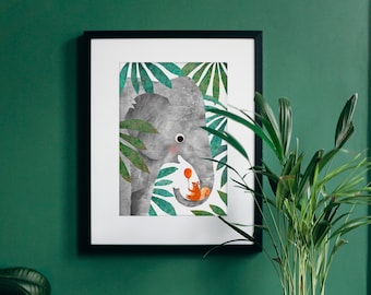 Elephant & Squirrel Recycled A4 Art Print / Eco Friendly Illustrated Wall Art pour chambre à coucher, pépinière, salon / Impression jungle non encadrée
