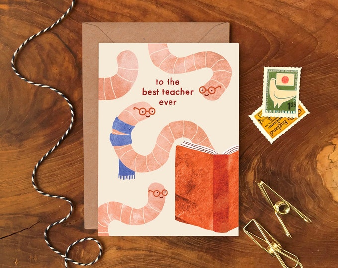 Book Worms Teacher Thank You Card, Recycled Kraft Envelope