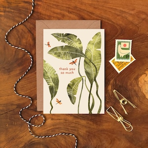 Merci carte de feuilles de palmier / carte de voeux illustrée de plantes et de libellules / carte avec illustration de feuilles de jungle / carte nature sans plastique