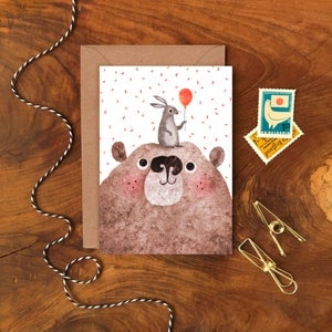 Cartão de aniversário urso e coelho a6/cartão de cumprimentos de personagem animal ilustrado/cartão de aniversário infantil, cartão de urso marrom e coelho