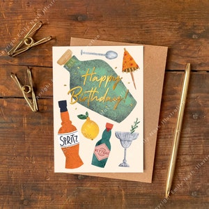 Cartão de aniversário A6 para coquetéis / Cartão de aniversário com folha de ouro / Cartão de aniversário com tema de bebidas / Cartão de aniversário para coquetéis / Cartão Aperol Spritz