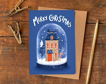 Festive House Snow Globe Christmas Card / Illustrated Winter Scene Greetings Card / Snow Scene Card / Festive Home Holiday Card