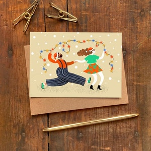 Tarjeta navideña con luces de Lindy Hop / Tarjeta navideña con saludos navideños ilustrados / Ilustración de pareja de bailarines en una fiesta navideña