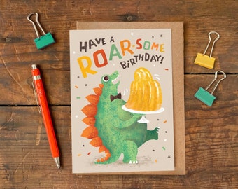 Carte d'anniversaire rugissante / Carte de voeux illustrée de jeu de mots de dinosaure / Carte d'anniversaire amusante pour enfants ou adultes avec un dinosaure vert