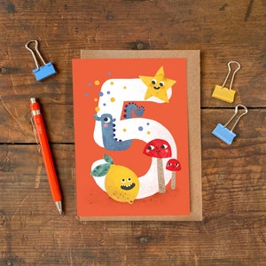 Biglietto di compleanno per cinque anni / Biglietto d'auguri per 5 anni Crazy Critters / Biglietto di compleanno divertente per ragazzi o ragazze / Biglietto mostro per bambini