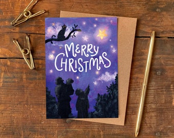 Christmas Star Illustrated Christmas Card / Festive Holiday Greetings Card / Night Sky Illustration Card