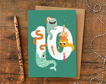 Age Ten Crazy Critters Birthday Card / 10 Year Old Greeting Card / Funny Birthday Card for Boys or Girls / Kid's Monster Card