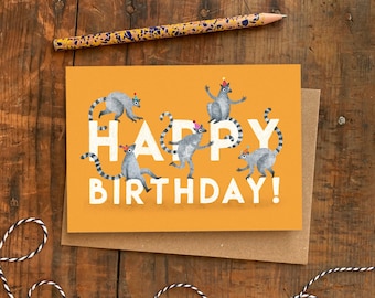 Happy Birthday Lemur A6 Card / Monkey Character Greetings Card / Lemurs in Party Hats / Children's Birthday Card