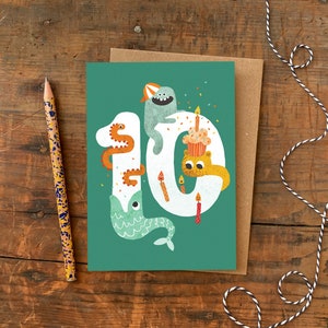 Leeftijd tien gekke beestjes verjaardagskaart / 10 jaar oude wenskaart / grappige verjaardagskaart voor jongens of meisjes / Kid's Monster Card