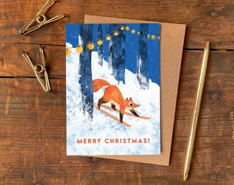 Carte de Noël renard skiant / carte de voeux de vacances animalier illustrée / carte d'illustration scène de neige