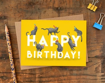 Happy Birthday Cat A6 Card / Plastic Free Cat Greetings Card / Children's or Adult's Cats in Party Hats Card